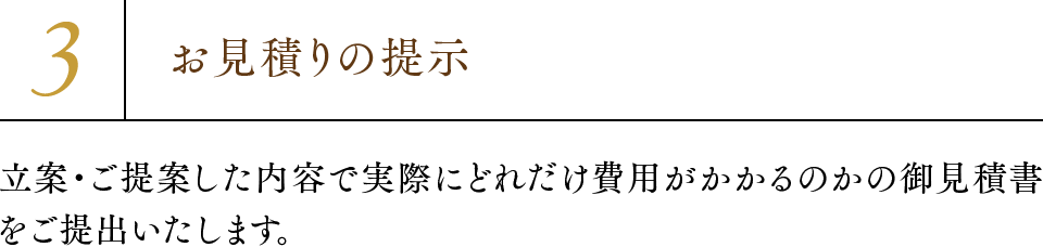 3.お見積りの提示 立案・ご提案した内容で実際にどれだけ費用がかかるのかの御見積書をご提出いたします。