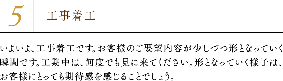 5.工事着工 いよいよ、工事着工です。お客様のご要望内容が少しづつ形となっていく瞬間です。工期中は、何度でも見に来てください。形となっていく様子は、お客様にとっても期待感を感じることでしょう。